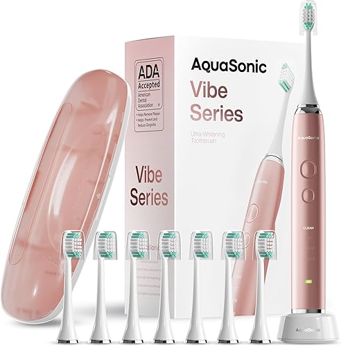 AquaSonic Vibe Series Ultra Whitening Cepillo de dientes eléctrico aceptado por la ADA 8 cabezales de cepillo y funda de viaje motor ultra sónico y AquaSonic Vibe Series Ultra Whitening Cepillo de dientes eléctrico aceptado por la ADA 8 cabezales de cepillo y funda de viaje motor ultra sónico y