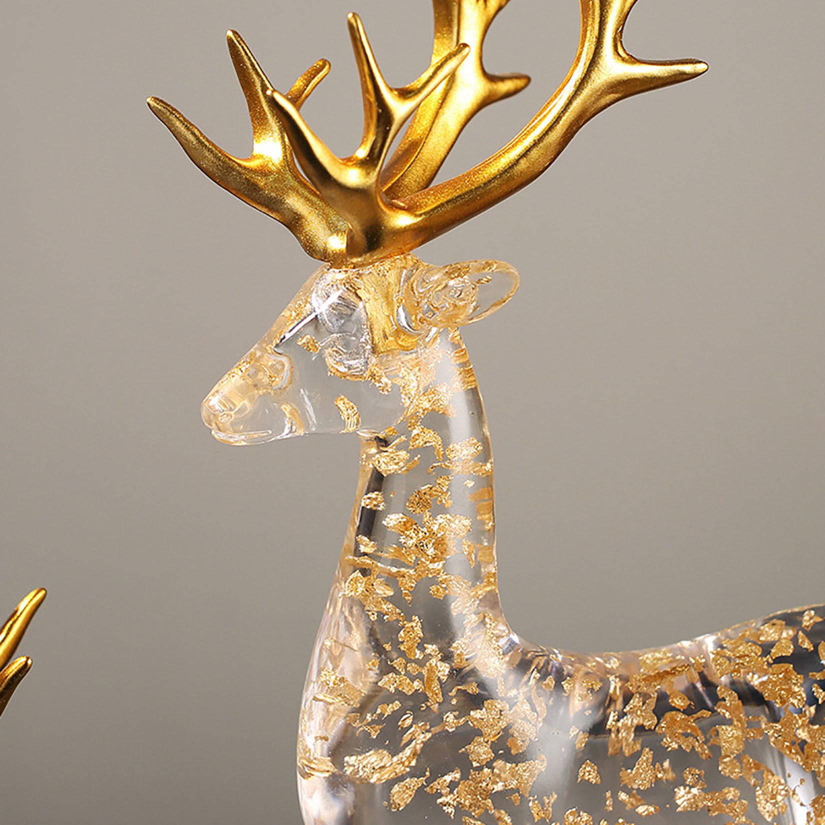 2pcs Cerf Figurines de Noël Dorées Décoration, Luxe Sculptures en Résine et Cristal Cadeau de Noël Décor d'intérieur,Clear
