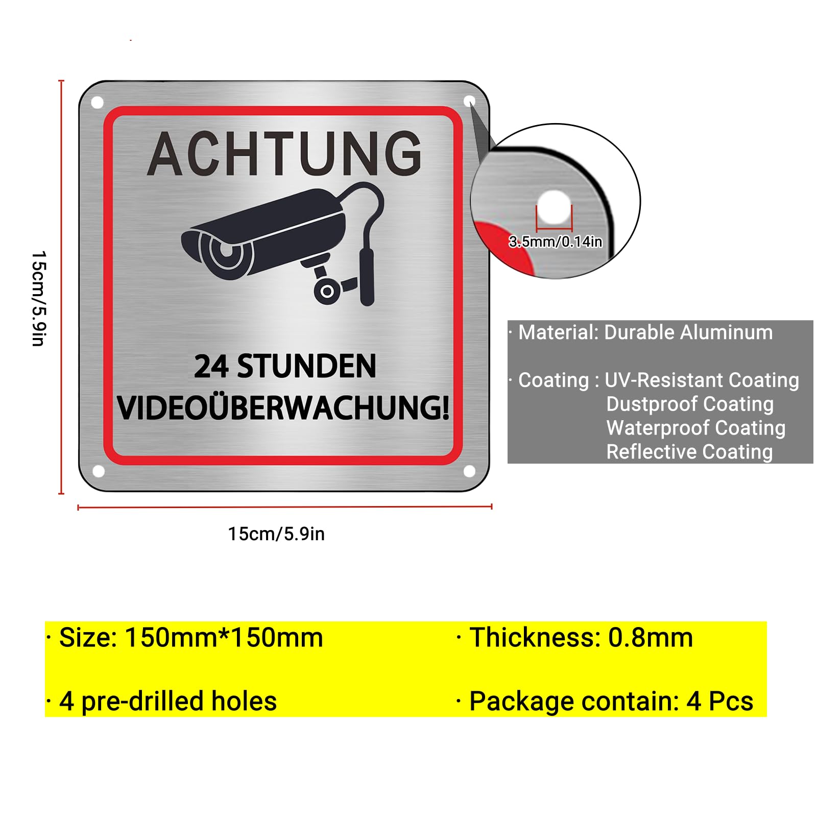Zamety Videoüberwachung Aufkleber 15x15 Cm – 3 Stück, Aluminium, Selbstklebend & Mit Bohrungen
