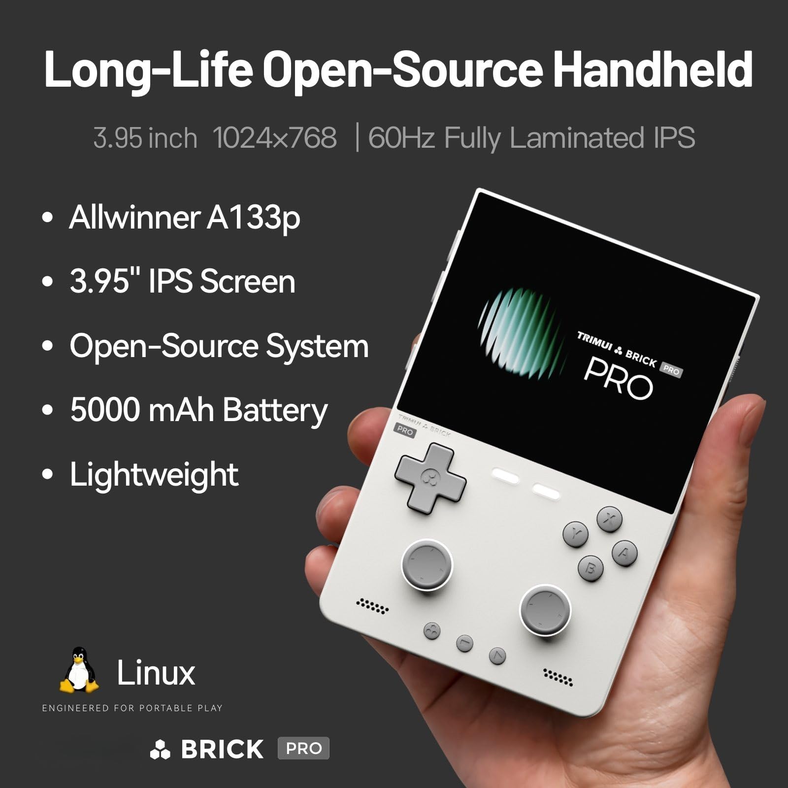Console di gioco portatile retrò Brick Pro con scheda TF da 64 GB, display IPS completamente laminato da 10 cm, dispositivo di gioco Linux Open‑Source, joystick a doppio effetto Hall, batteria da 5000