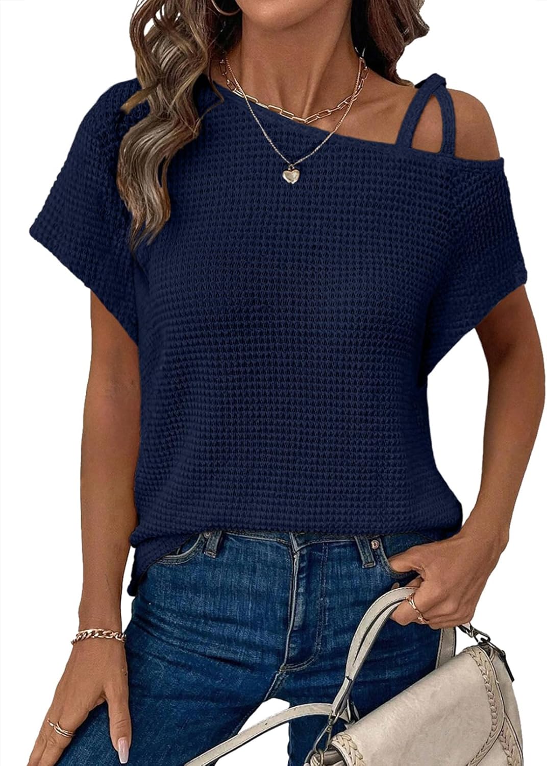 Dokotoo Womens Summer Tops Off One Shoulder Waffle Knit Short Sleeve T-Shirts Casual Lightweight Solid Color Blouses