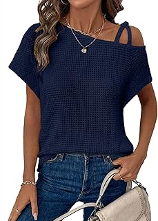 Womens Summer Tops Off One Shoulder Waffle Knit Short Sleeve T-Shirts Casual Lightweight Solid Color Blouses
