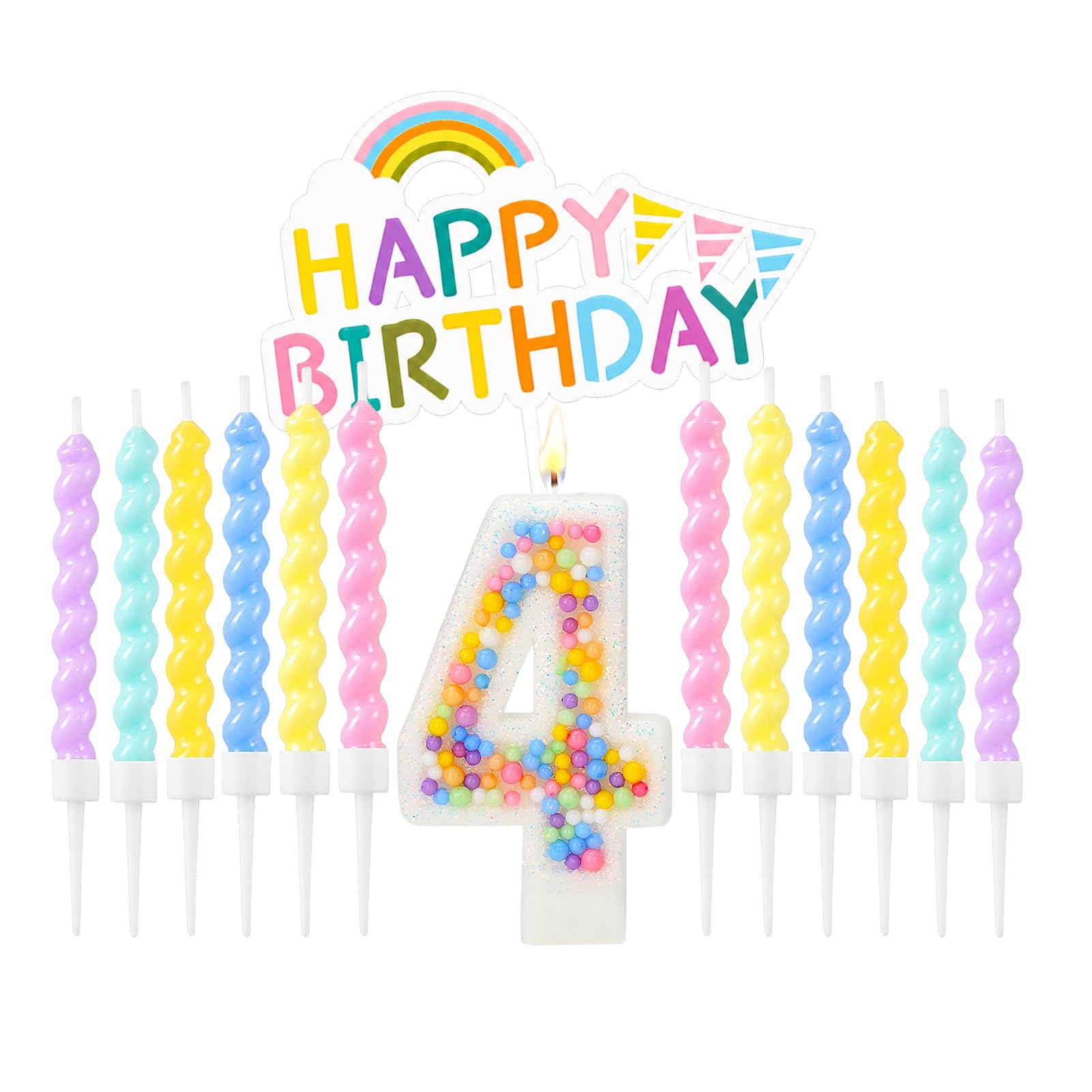 Number Birthday Candles Set with Rainbow Cake Decoration, Macaron Cake Toppers with 12pcs Pastel Spiral Candles for Boys Girls Birthday Party Supplies & Anniversary（White, 4 Candle） — image 1