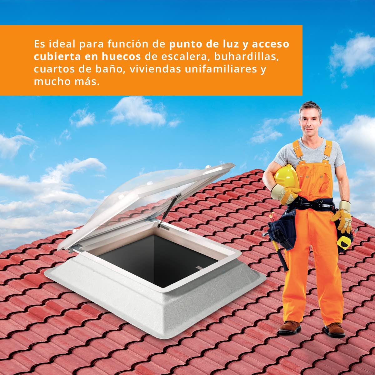 Claraboya Cuadrada para Techo Apertura Acceso - Bivalva - Incluye Cúpula, Zócalo de PVC y Accesorios para el Montaje - Anti-condensación - Tragaluz - AxB = 60 x 60 cm