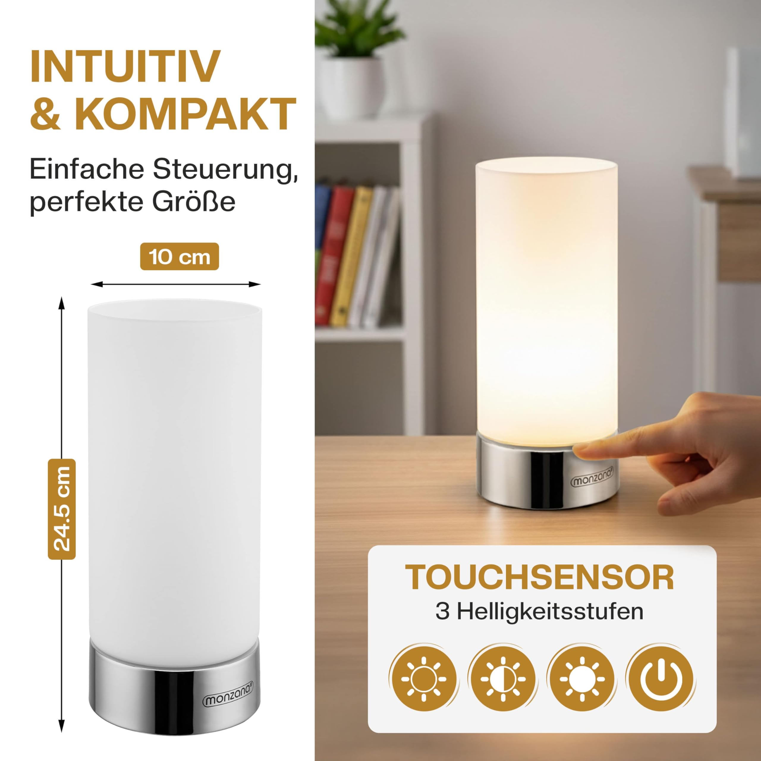 Monzana® Nachttischlampe 2er Set Touch Dimmbar mit LED Leuchtmittel Glasschirm Tischlampe Tischleuchte Wohnzimmer Schlafzimmer Nachtlicht Leselampe