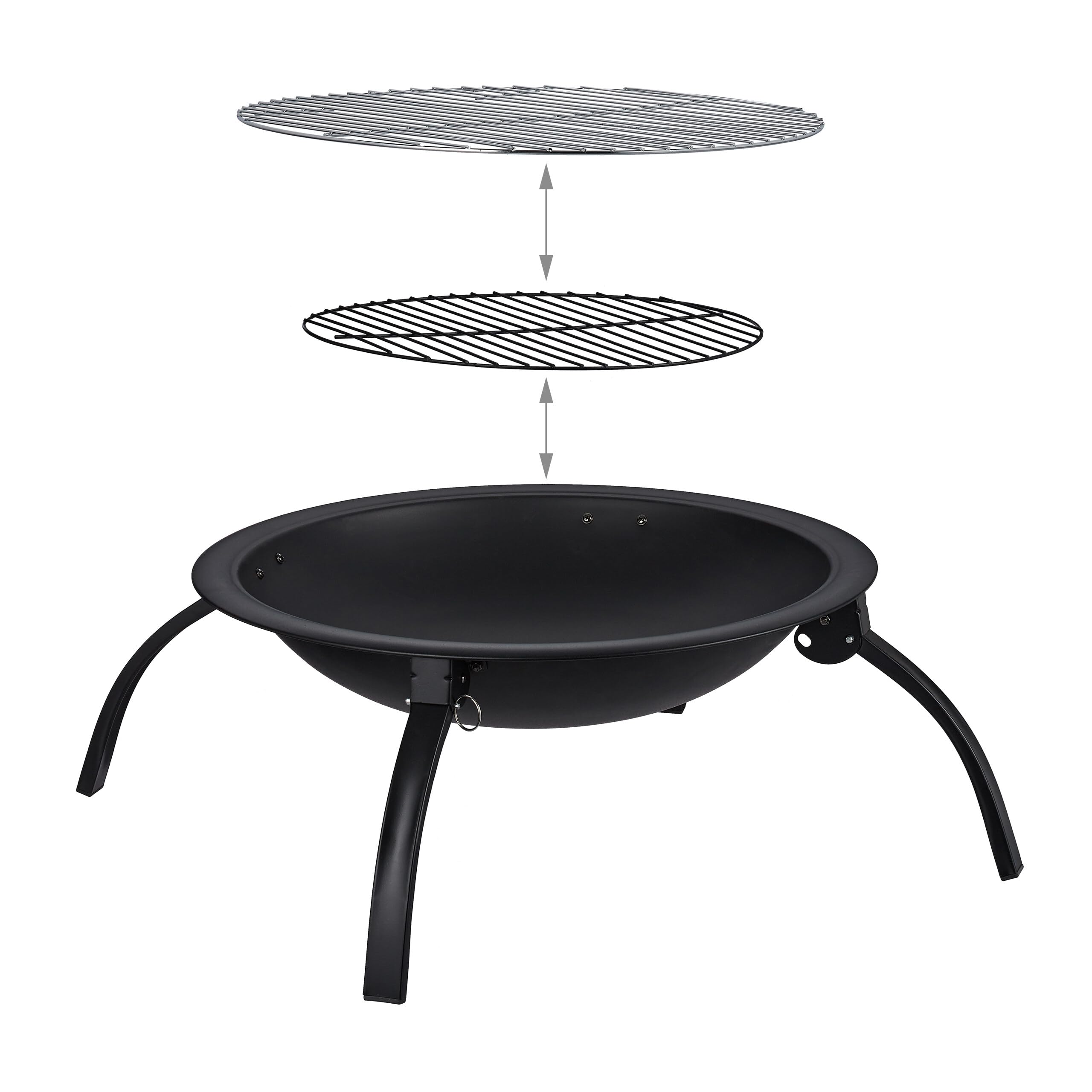 Relaxdays Palenisko XL z torbą, ruszt do grilla, pogrzebacz, pokrywa chroniąca przed iskrami, do ogrodu, na taras, średnica 56,5 cm, czarna