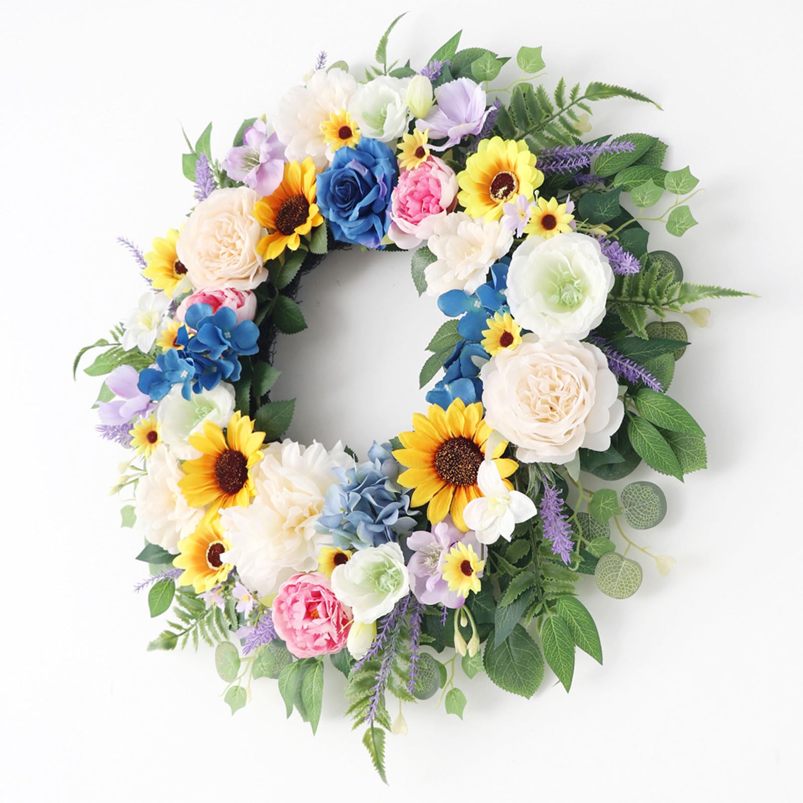 Corona de flores artificiales de 55 x 55 cm, resistente a la intemperie, corona de primavera para boda, día de la madre, decoración interior y exterior, fiesta para colgar en la pared