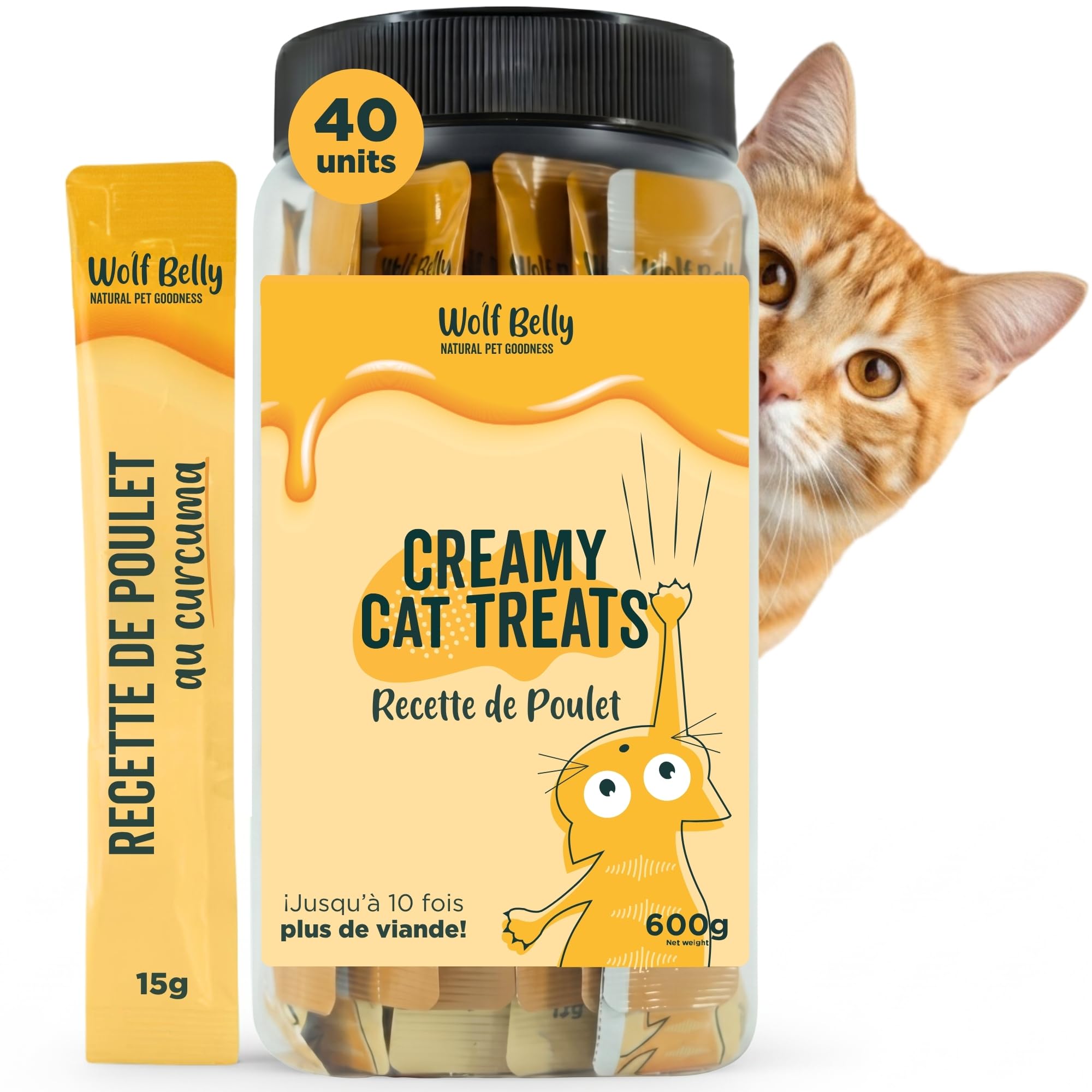 Wolf Belly - Liquid Snack pour Chat (40 uds x 15 g) à Base de Poulet | Creamy Friandises Saines Riches en Protéines | sans Céréales ni Colorants Artificiels - Fabriqué en Europe