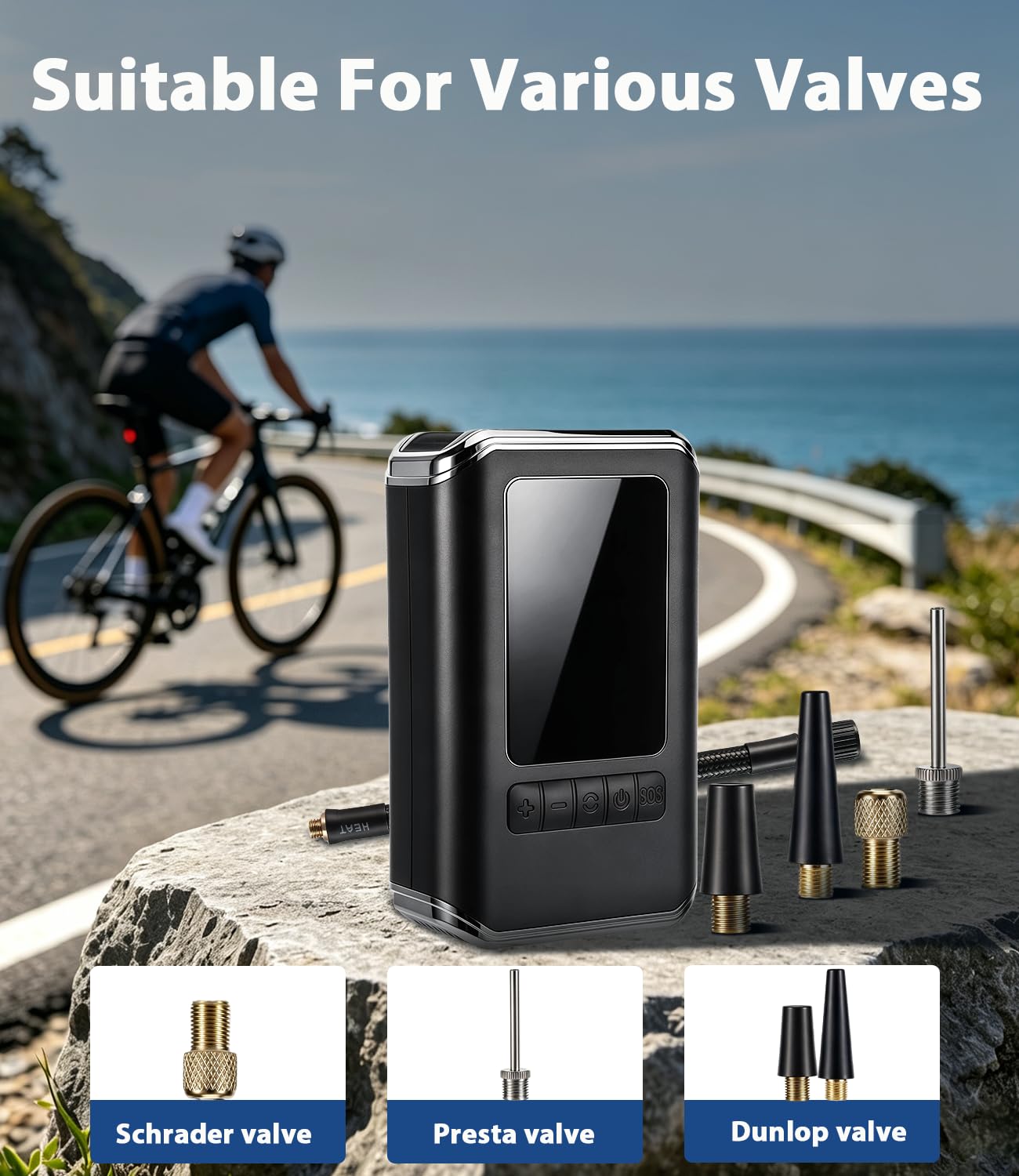 Mini pompe à vélo électrique, 130 psi, avec débit d'air maximal de 30 l/min, batterie USB-C (4000 mAh), arrêt automatique, manomètre, idéale pour vélo de route, VTT, moto avec valves Presta/Schrader