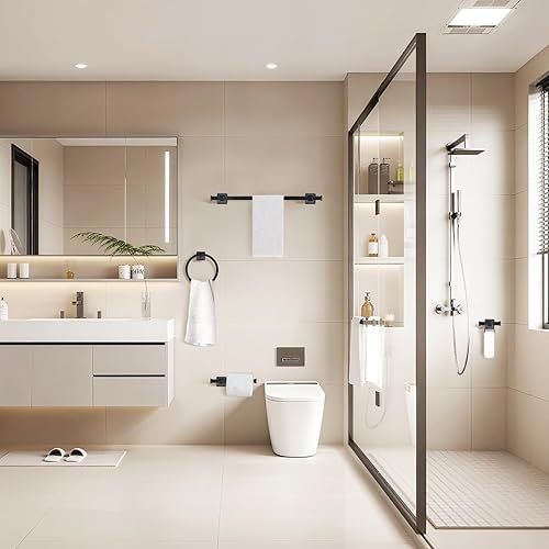 Miniatura 8 de Juego de accesorios de baño negro mate de 5 piezas, juego de toallas de baño de acero inoxidable SUS304 montado en la pared, incluye barra de toalla
