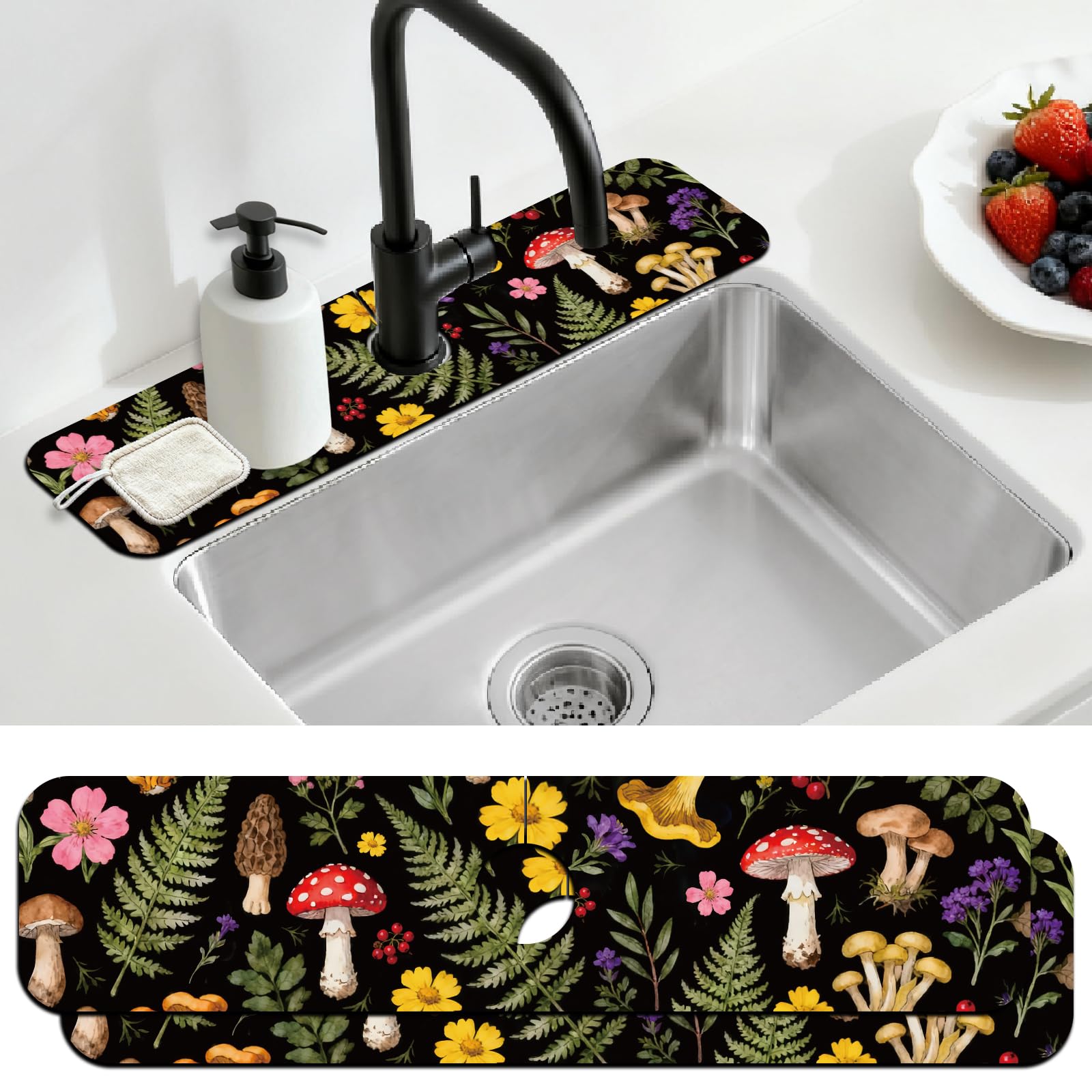 Photo 1 of CONCHLERY 2 Pcs Kitchen Sink Splash Guard Faucet Mats Colorful Mushrooms and Flowers Pattern Faucet Mat for Sinks Leaves Absorbing Drying Mat for Kitchen Bathroom, 23.6x5.5inch