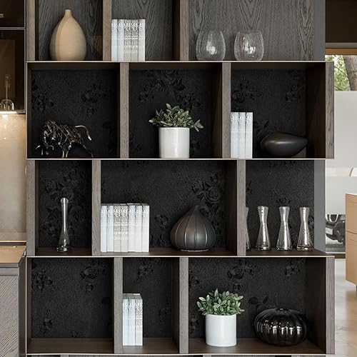 Miniatura 7 de lenify Papel tapiz de flores negras para pegar y despegar de 17.7 x 118.1 pulgadas, papel de contacto con estampado floral en relieve, papel de