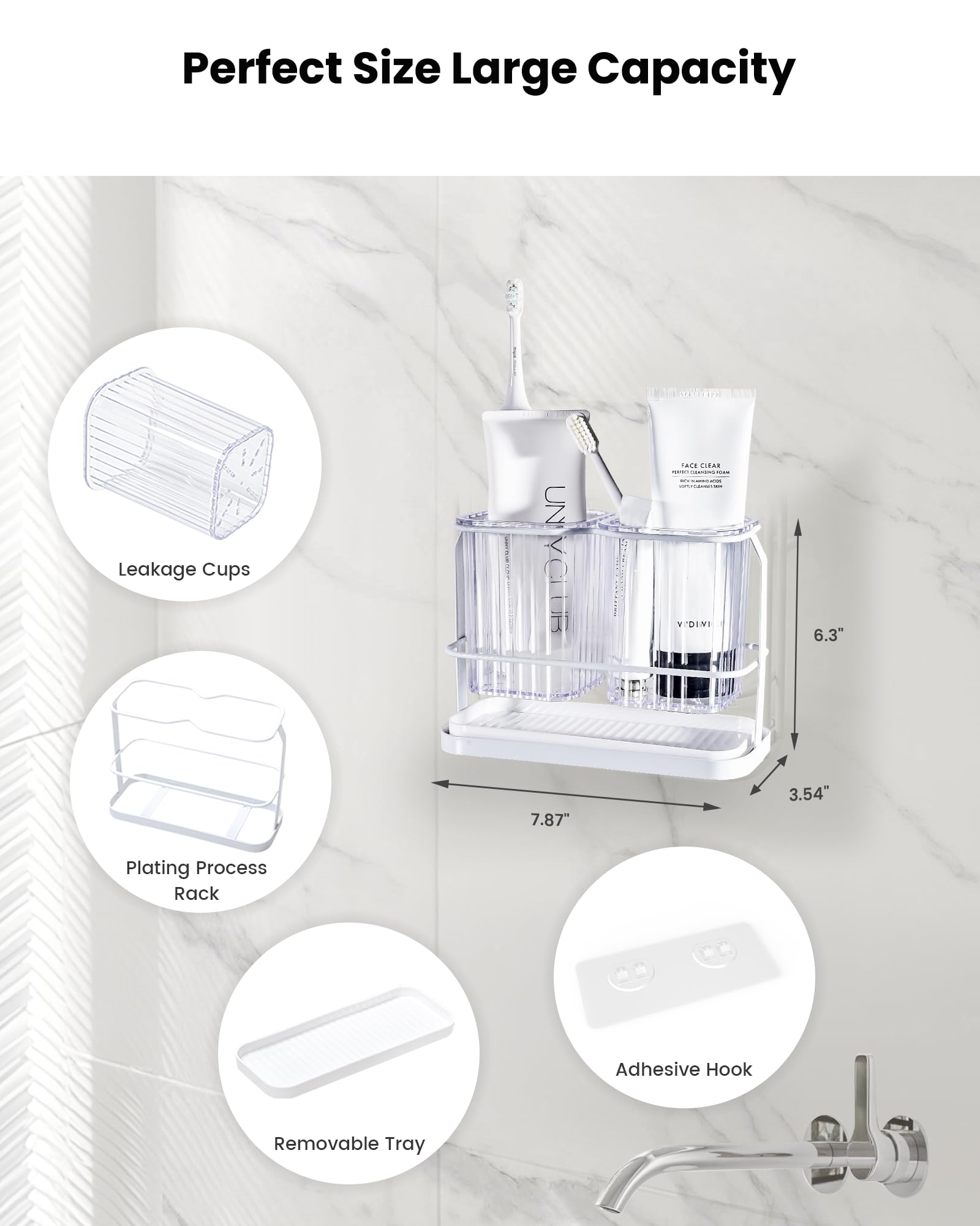 KONE Soporte para cepillo de dientes montado en la pared, soporte colgante para cepillo de dientes eléctrico con 2 compartimentos extraíbles, drenaje seco y húmedo para baño, cocina, familia (blanco)