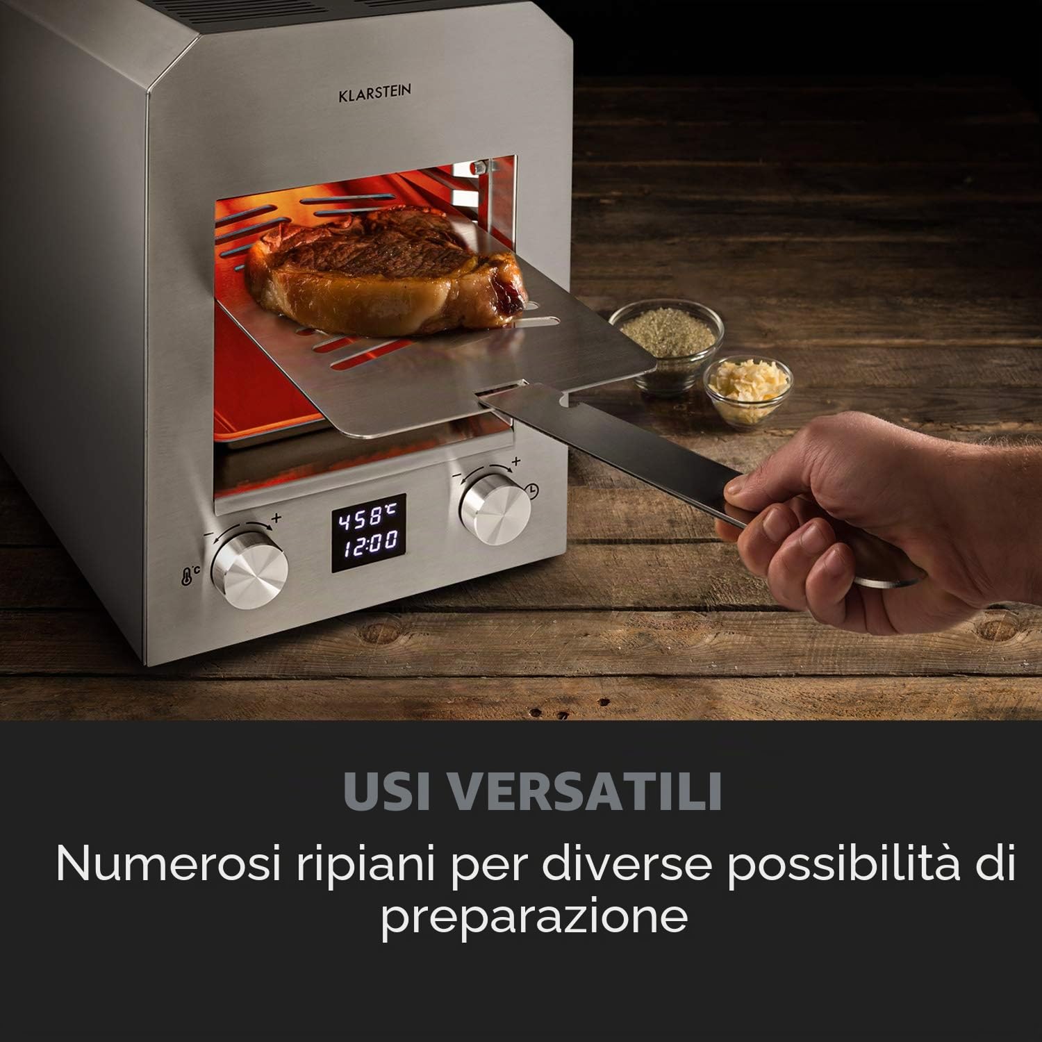 Klarstein Hannibal - Griglia ad Alta Temperatura, Indoor, Interni, Potenza: 2.200 W, 200-850 °C, Elemento a Infrarossi, CharForce System, Superficie: 18,5 x 30 cm, Display LED, Timer, Argento