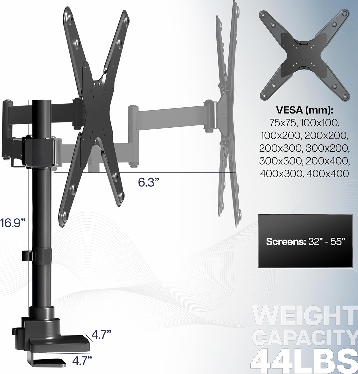 VIVO Ultra Wide Monitor and TV Desk Mount for up to 55 inch Screens, Single Television Stand with Articulating Arm, Holds up to 44 lbs, Max VESA 400x400mm, Black, STAND-V155D