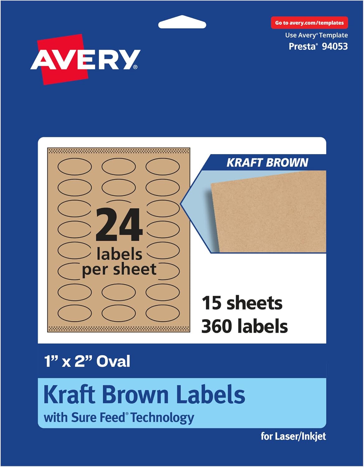 Avery Kraft Brown Oval Labels, Sure Feed Technology, 1" x 2", 1,200 Kraft Brown Labels, Print-to-The-Edge, Laser/Inkjet Printable