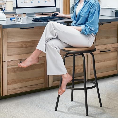 Miniatura 7 de FurnitureR Juego de 2 taburetes de bar clásicos, estilo campestre con respaldo y reposapiés, taburetes de bar giratorios de altura para cocina,