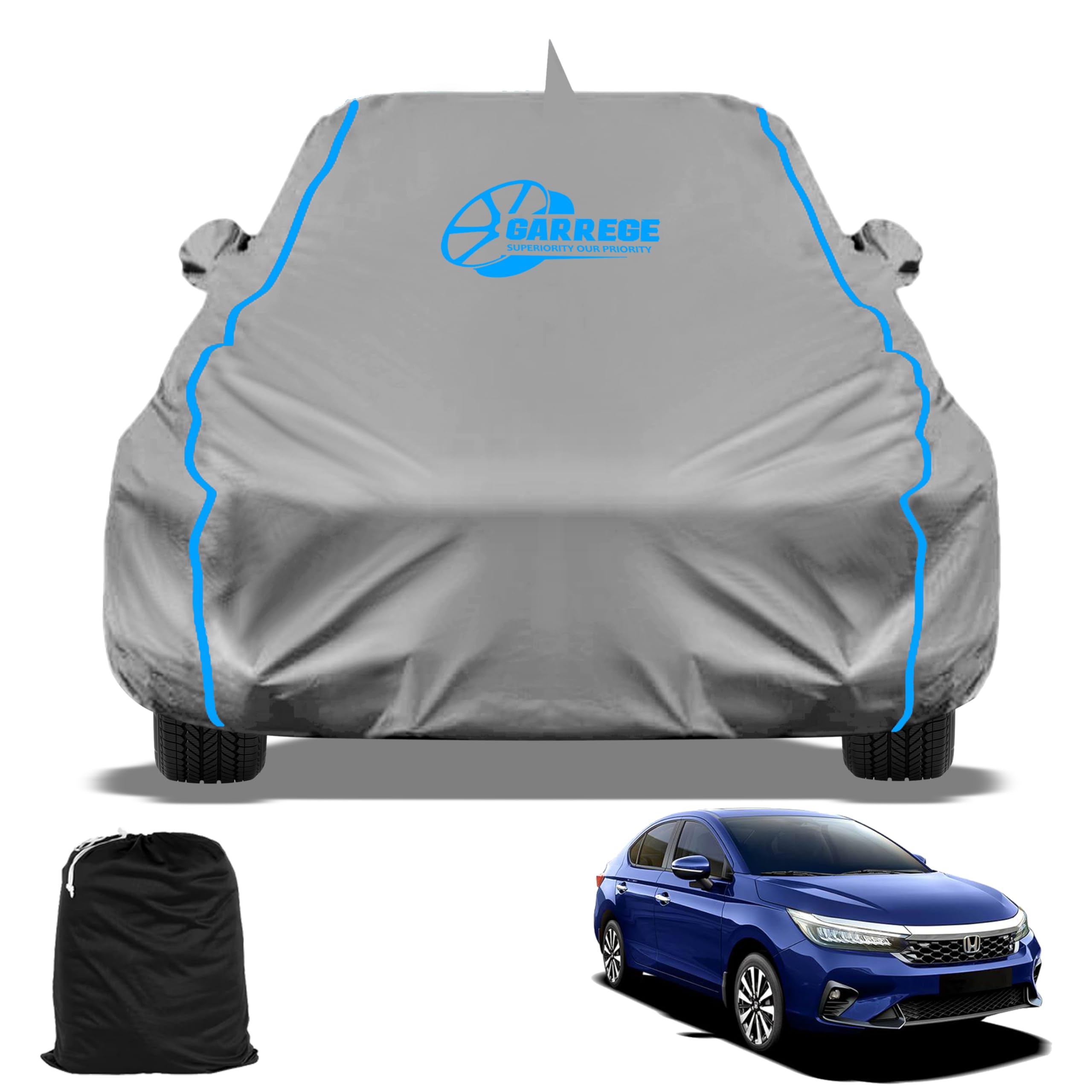 GARREGE Waterproof Car Cover Compatible with Honda City Cover, All-Weather Protection, Soft Cotton Inner Lining, Mirror & Antenna Pockets, Adjustable Belt with Buckle & Elastic, (Grey)
