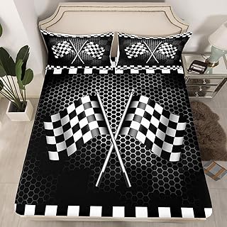 Racing Car Extreme Sports Bedding Set Full Size,Geometry Square Honeycomb Fitted Sheet,Black White Checkered Flag Sheet Set for Kids Teens Adults Bedroom Decor,2 Pillowcases