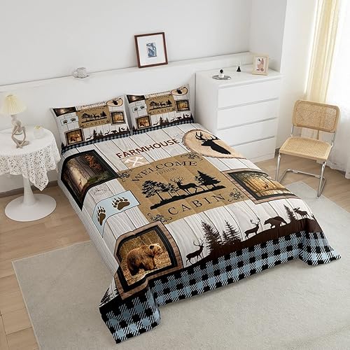 Miniatura 3 de Juego de edredón retro de cabaña tamaño Queen, ropa de cama rústica de oso alce y ciervo, decoración de habitación de campamento para niños, niñas,