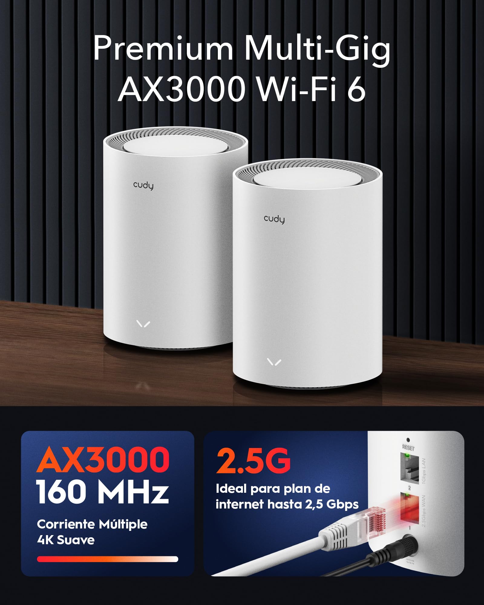 Cudy Sistema de Malla Wi-Fi 6 para Toda la Casa, 2.5G WAN, Red Troncal Ethernet, Ideal para 1Gig+ Internet, Wireguard, OpenVPN, M3000 2-Pack
