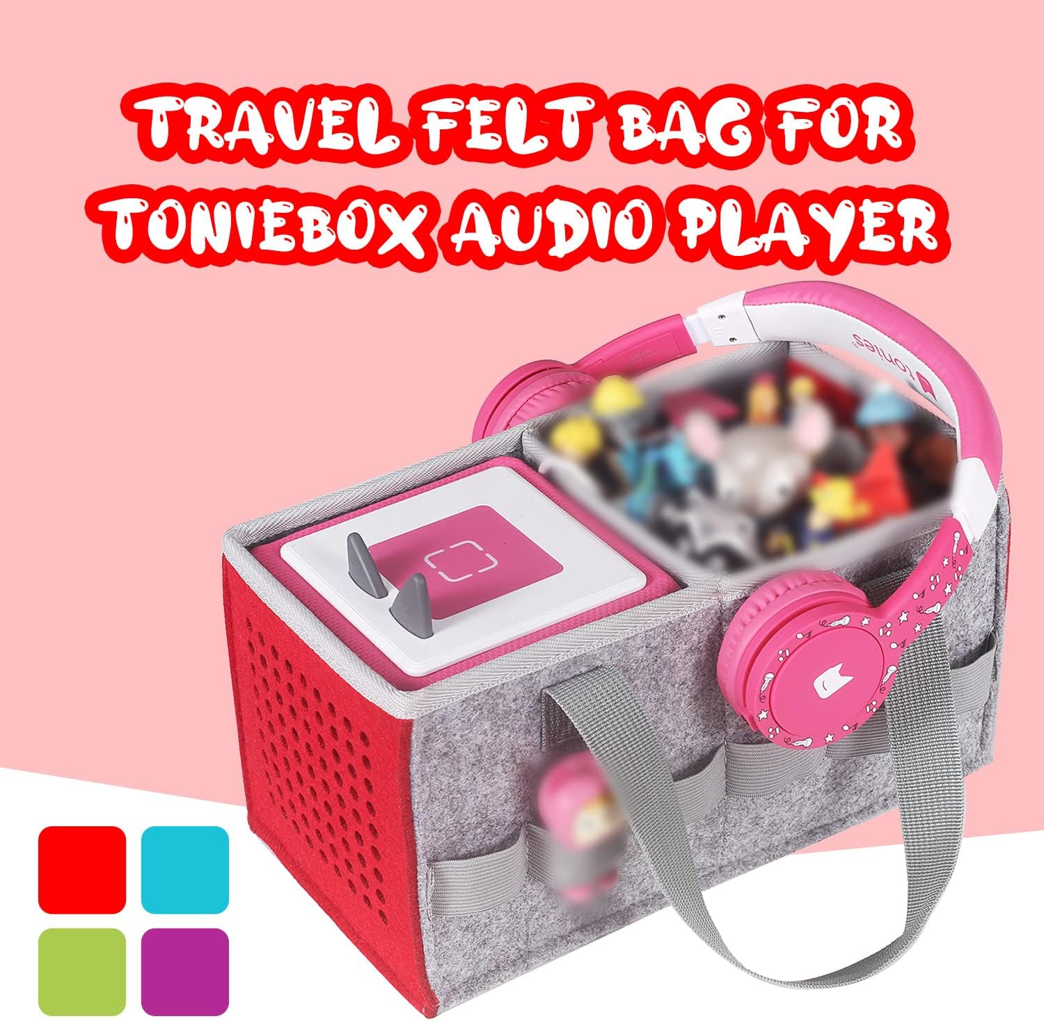 Carrying Case for Tonies Starter Set & Storage Bag for Tonies Figurine, Home Outdoor Hand Bag for Toniebox 2 Audio Player and Dolls Musical Toy Folding Bag for Kids Toniebox Accessories (Gray Red) - Image 5