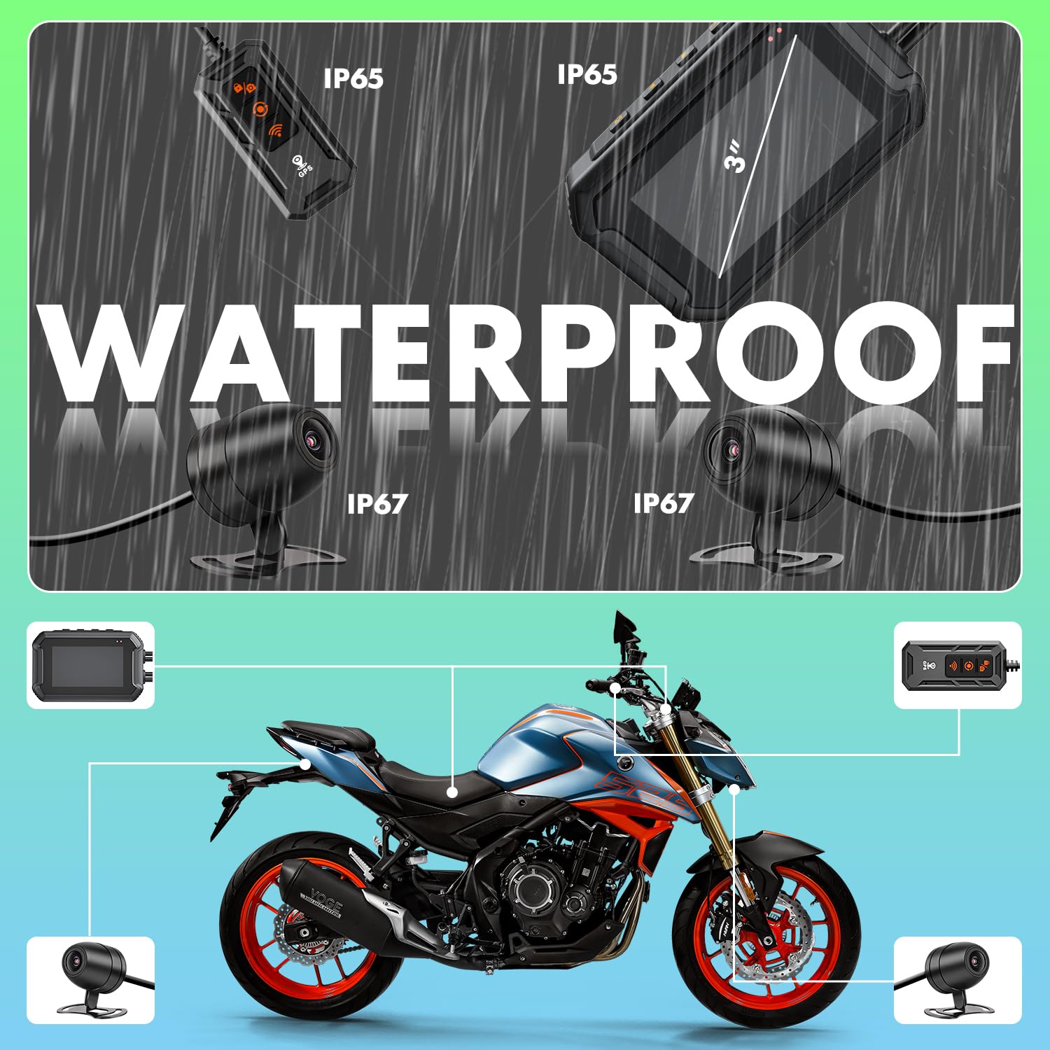 Dash Cam Moto, 1080P WDR Telecamera Anteriore e Posteriore, Dashcam Impermeabile con WiFi, GPS, Modalità Parcheggio, Telecomando Cablato, Schermo da 3", Scheda TF da 64 GB