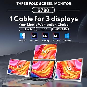 Docooler 14in Laptop Screen Extender 1200P FHD 16:10 Portable Quad Monitor 1 Cable for 3 Screens Folding Monitor Extender for 12-17.3in Laptops
