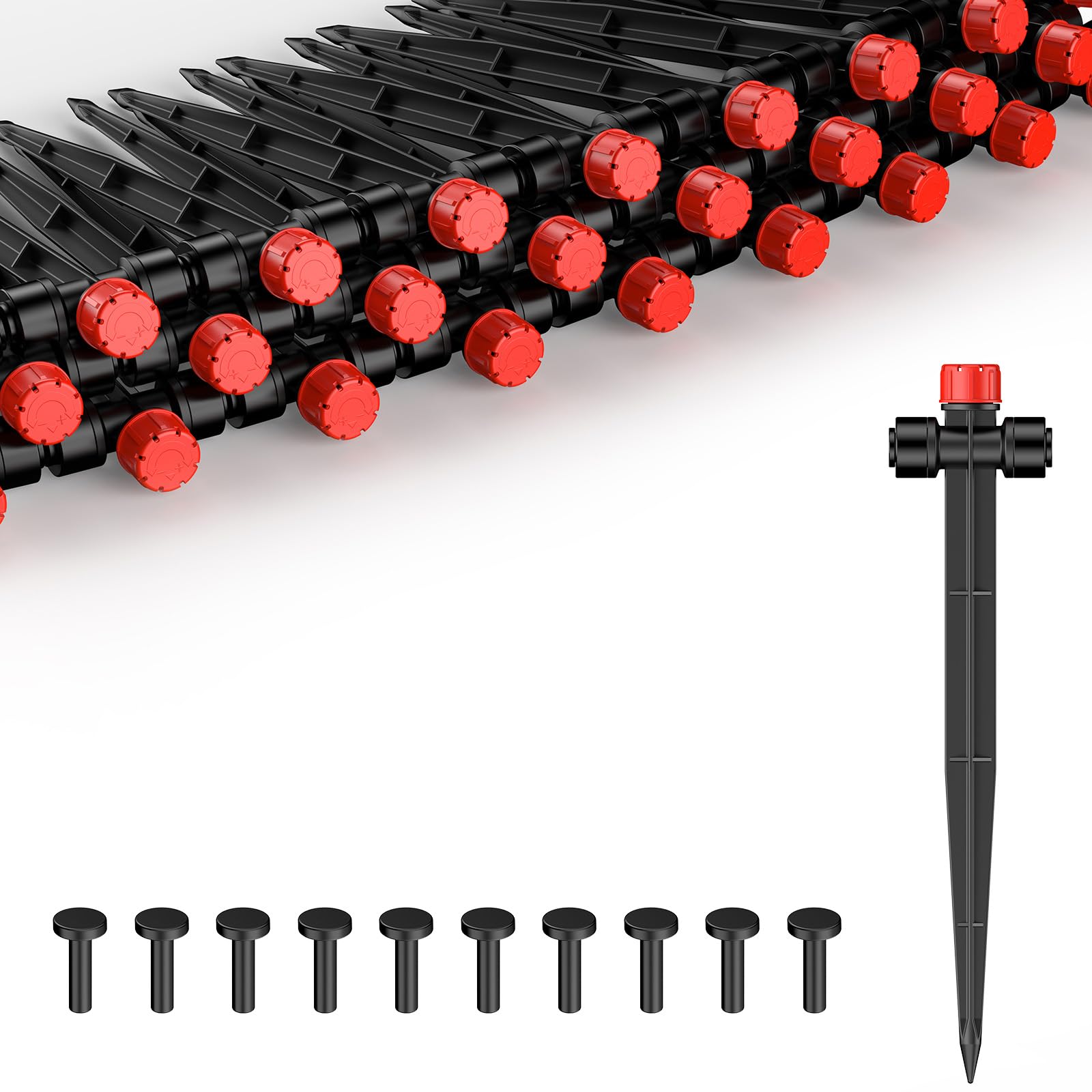 Pawfly 30 Pcs Push-to-Fit Drip Irrigation Emitters, 8-Stream Sprinklers Drip Emitters for 1/4 Inch Tubing with Stake & End Plugs, Two-Way Connection