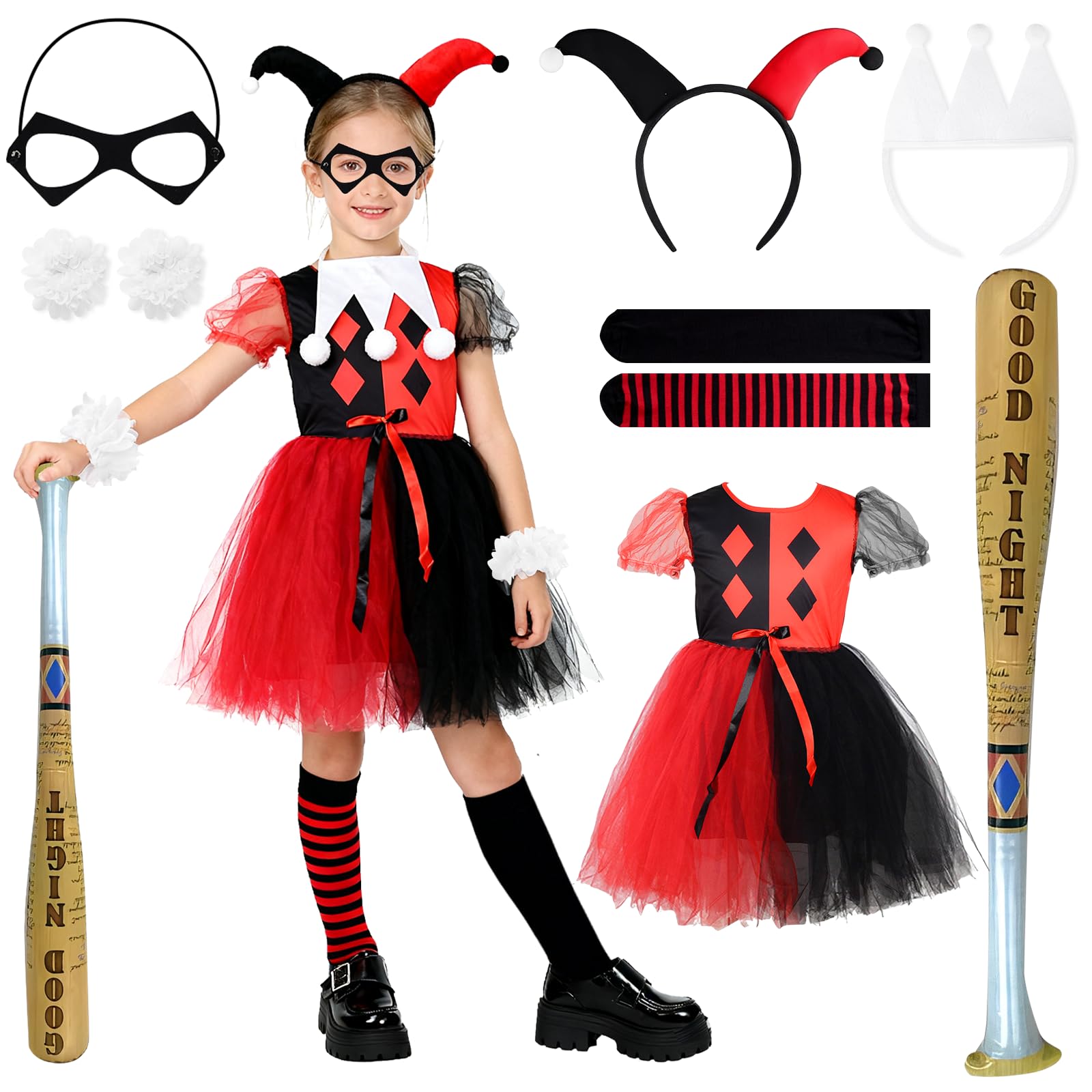 Vcumter Quinn Cosplay Costumes for Kids 8Pcs Quinn Girls Fancy Dress Halloween with Inflatable Baseball Mask Hairband Clown Villain Costume for Girls Carnival Cosplay (Red Black