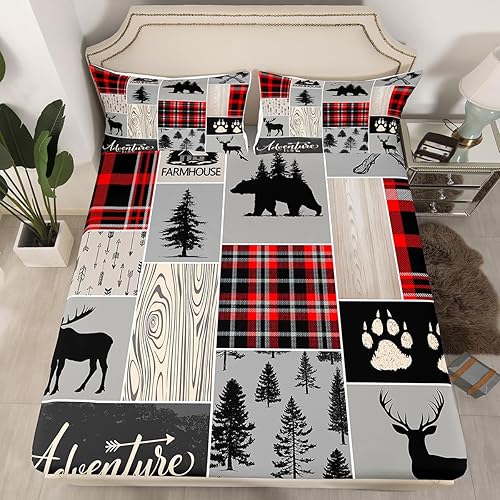 Miniatura 194 de Sábana bajera ajustable de oso de caza, juego de ropa de cama a cuadros de búfalo, sábanas de retazos de cabaña rústica para niños, niños, Multi