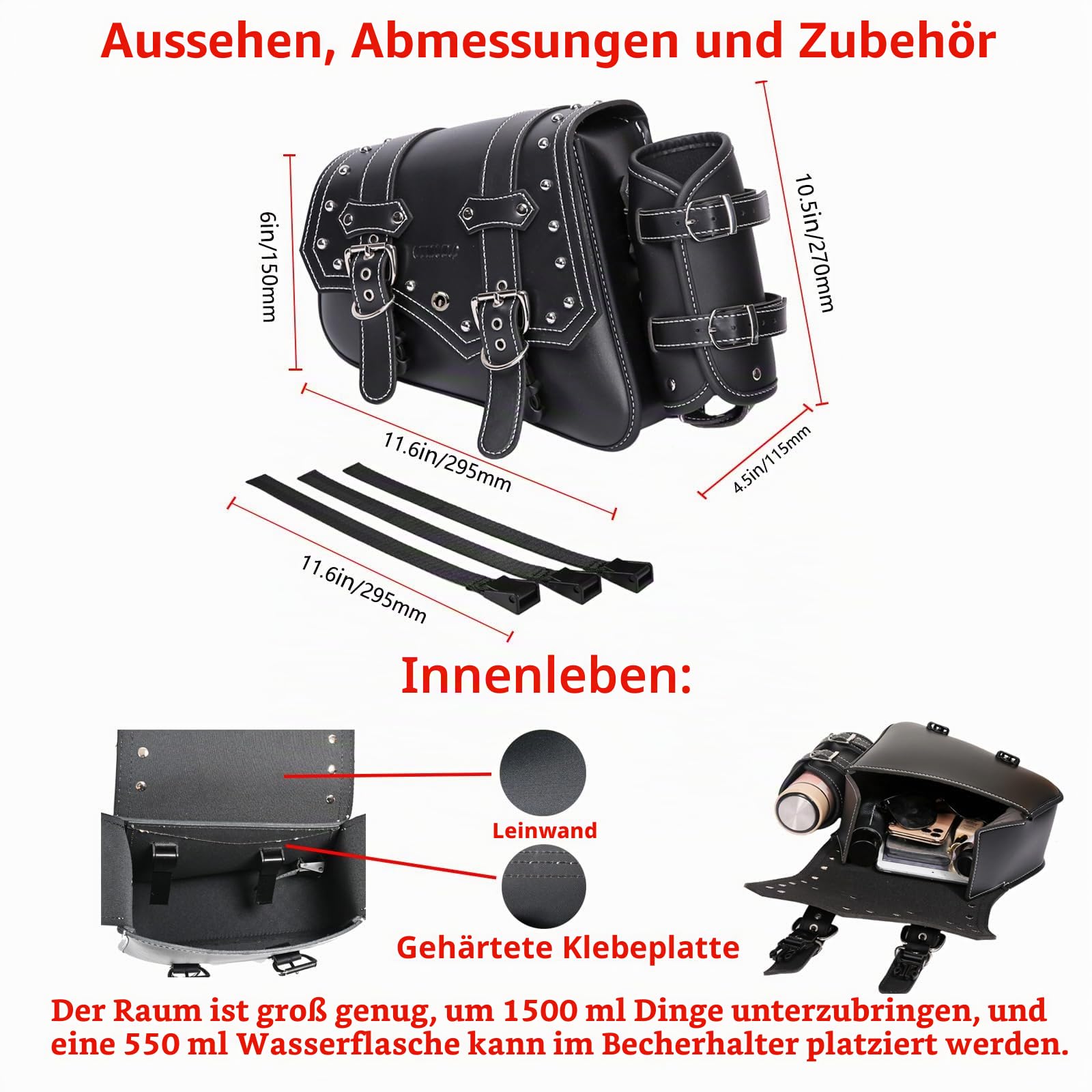 Motorrad Satteltaschen -Satteltaschen Softail PVC Leder für Harley Sportster Wasserdicht, Schwingtasche,,Universal-Aufbewahrungs seitliche werkzeugtasche für Motorrad,mit Getränkehalter (linke Seite)