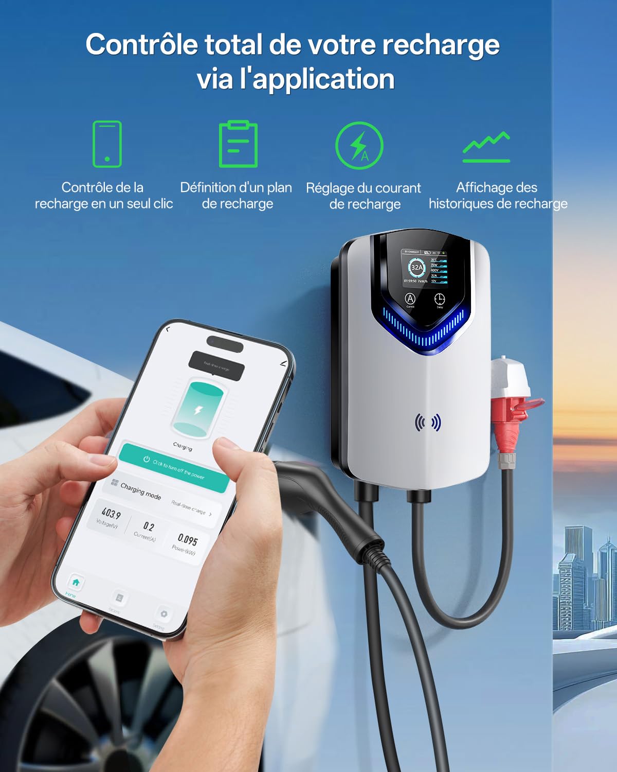 Borne de Recharge Véhicule Électrique 7.4kW avec APP,230V 6-32A, 8M