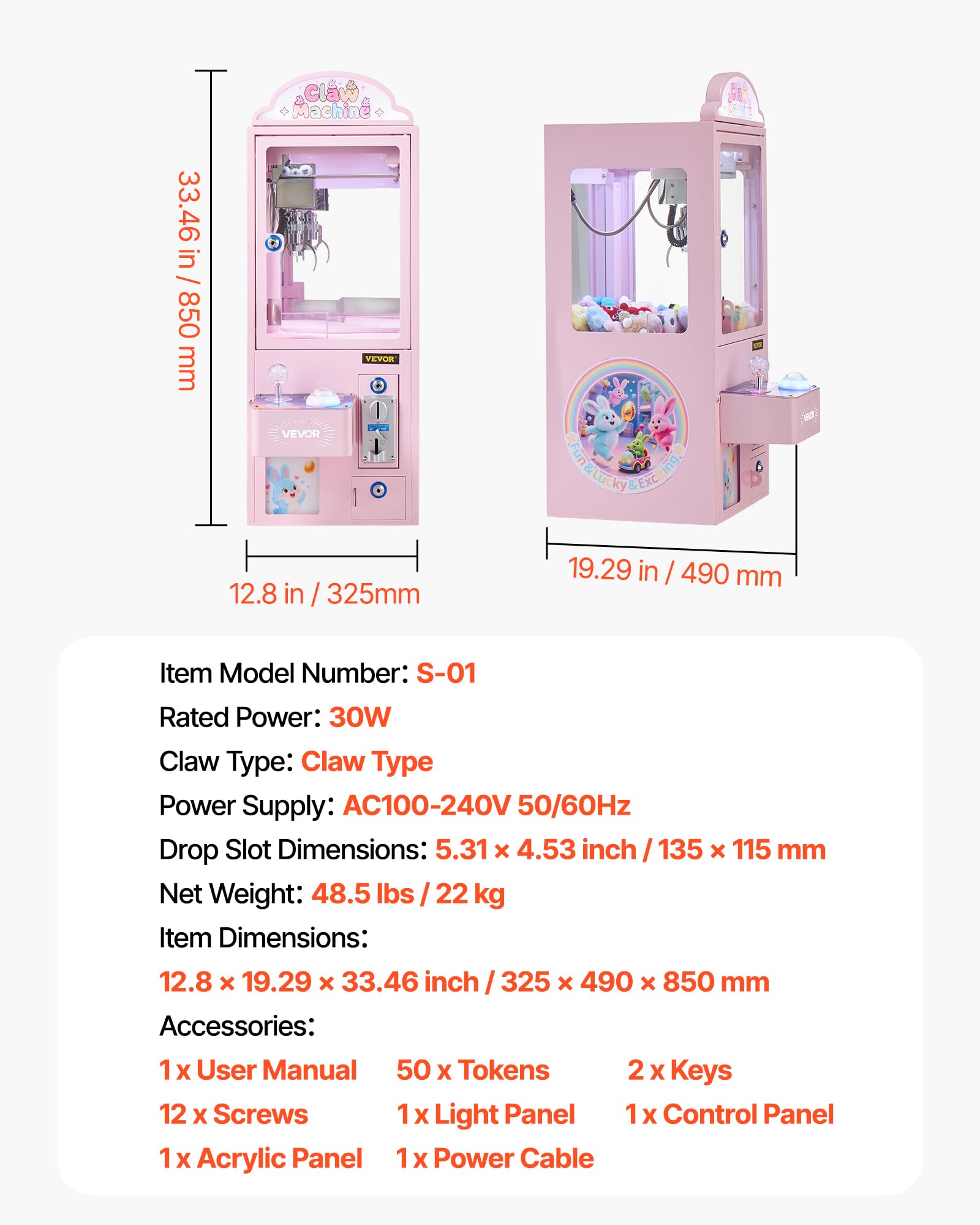 VEVOR Greifautomat, Greifer, mittelgroßer Spielautomat mit Licht & Ton, Präzisionsstahlklaue mit verstellbarem Griff für Plüschtiere, Verkaufsspielzeug, für kommerzielle Heimpartys & Kinos, Pink