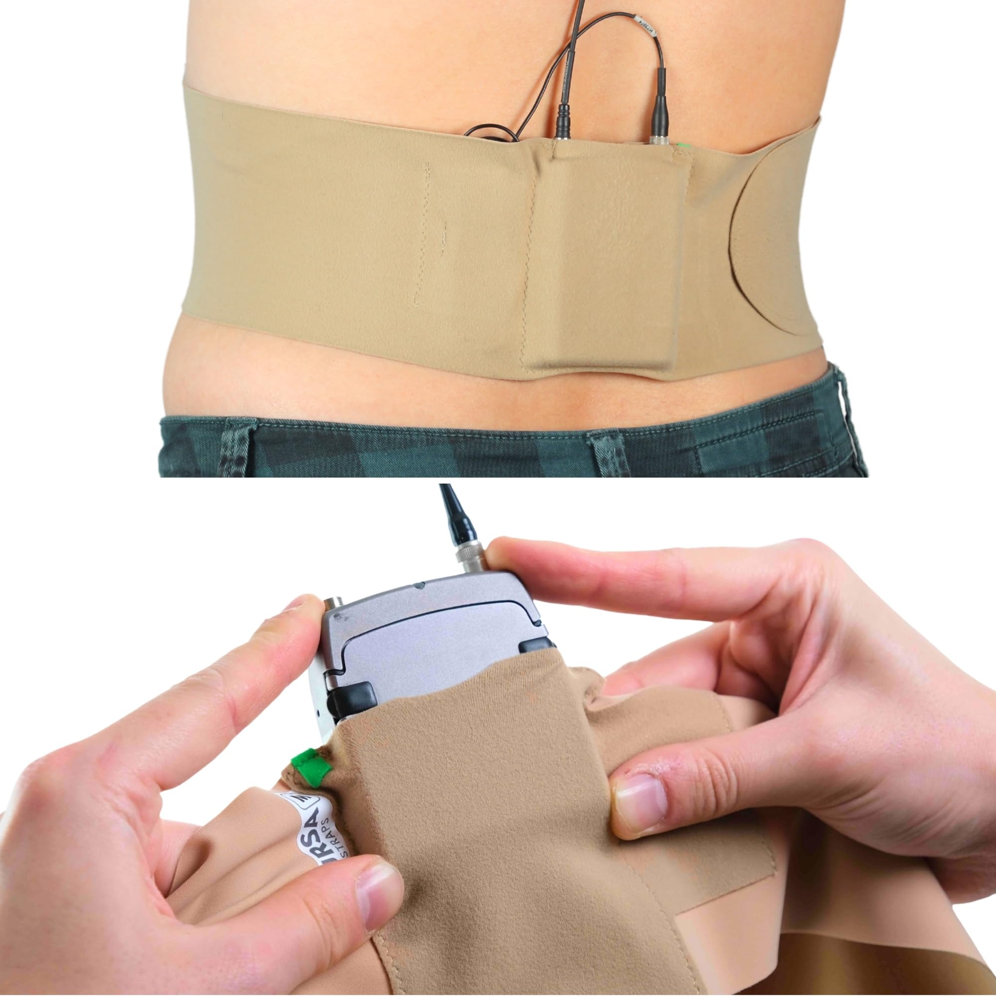 Correa de cintura URSA ultradelgada, transpirable y elástica para transmisor de micrófono, compatible con la mayoría de los transmisores y receptores, color beige, tamaño mediano, bolsa grande