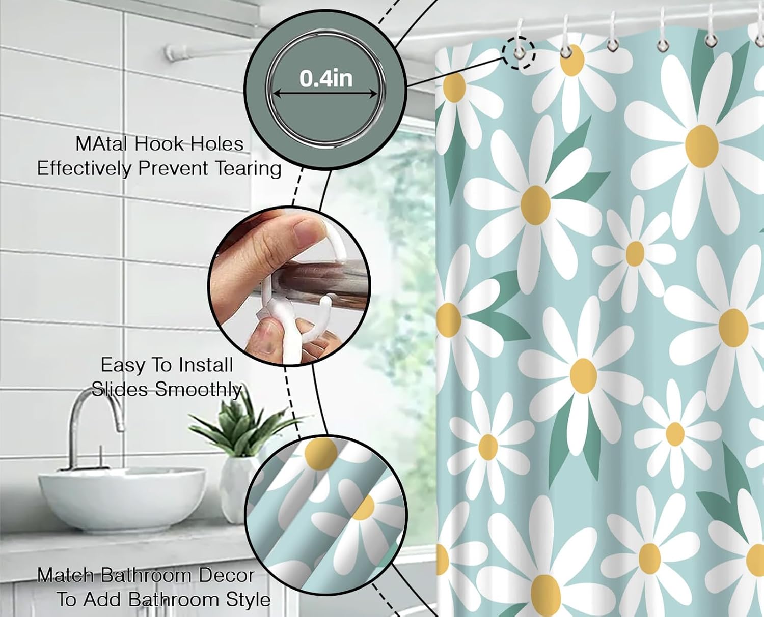Blue Shower Curtain 78" Wx70 H,Cute Daisy Floral Flower Modern Aesthetic Girly Fabric Bathroom Decor Curtains with Hooks,