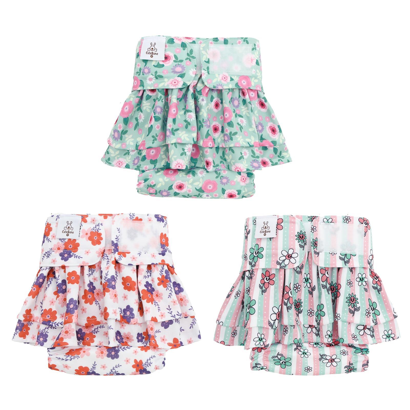 CuteBone Female Dog Diapers with Skirts 3 Pack Reusable Puppy Dresses Pants for Heat Cycle Period QBD23XS — image 1