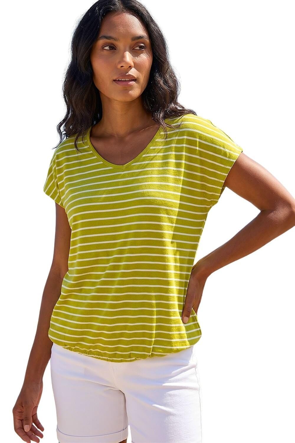 Roman Women's Lime Stripe Print V-Neck Stretch Tee In Size 16