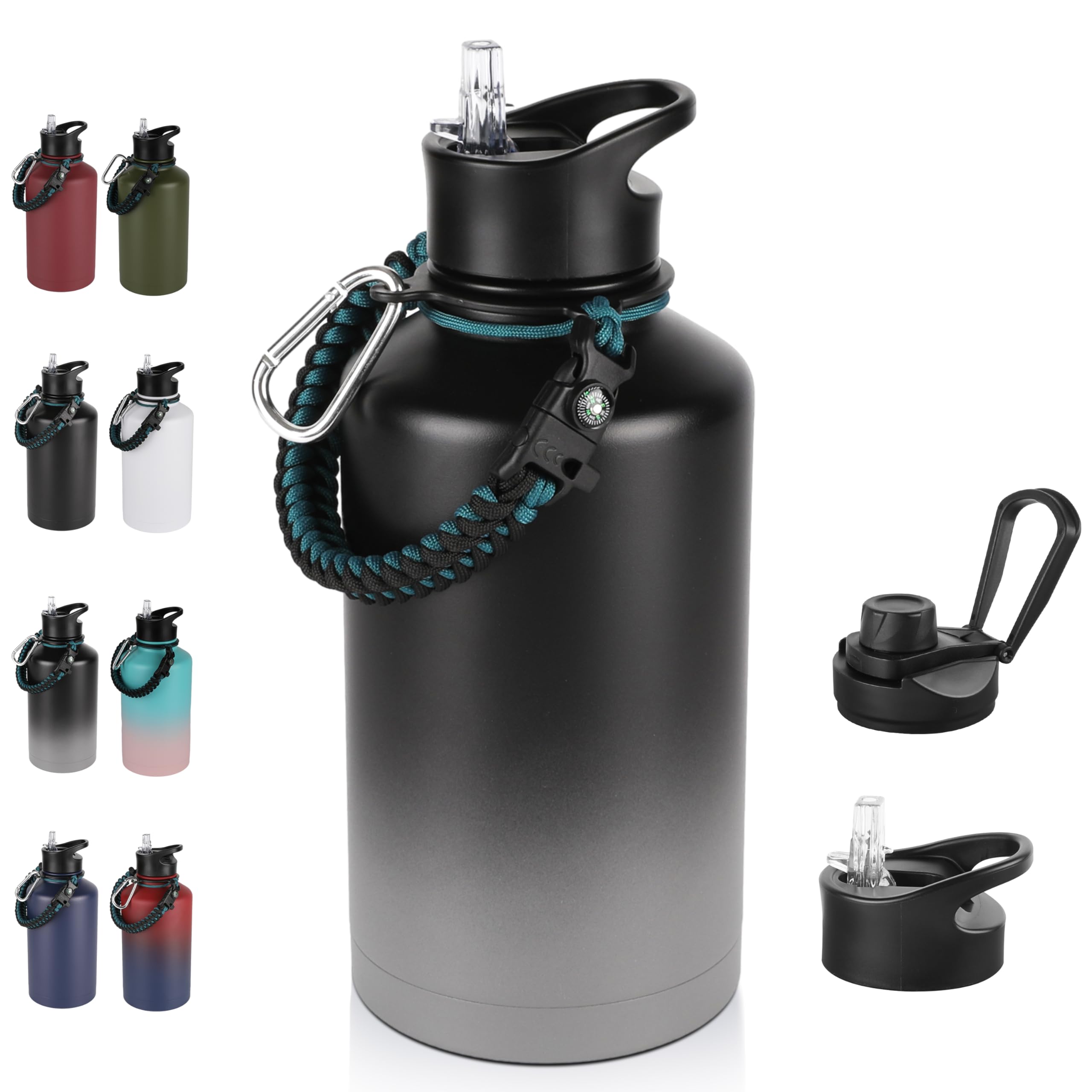64 oz Insulated Water Bottle with Straw & Spout Lids, Stainless Steel Metal Half Gallon Water Jug with Paracord Handle, Double Wall Vacuum, Leakproof,