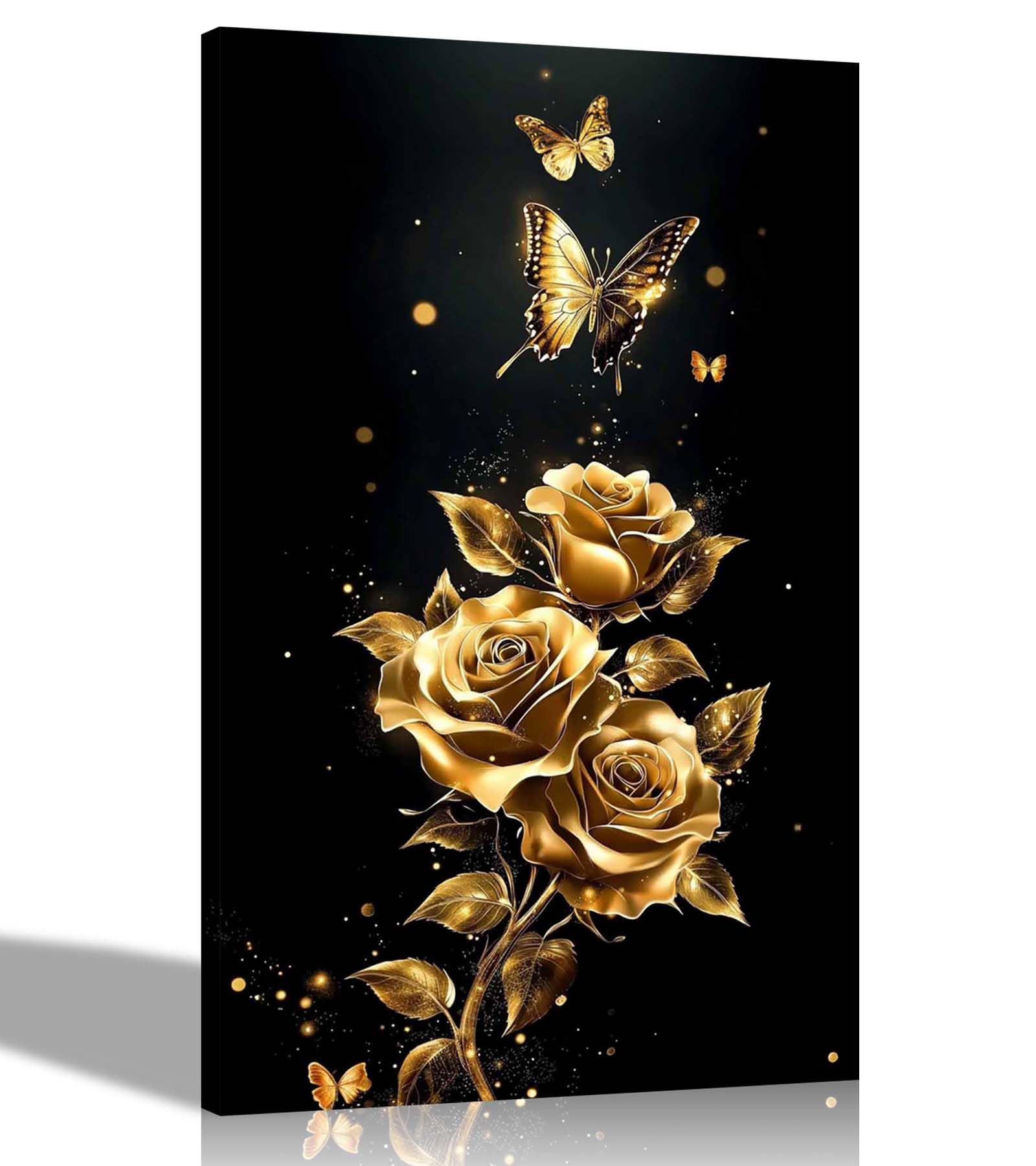 Artley Prints Gold Roses And Butterflies - Canvas Wall Art Pictures For Living Room Conservatory Hallway Bedroom Prints Décor 60 X 40Cm (24 X 16 Inches) A2