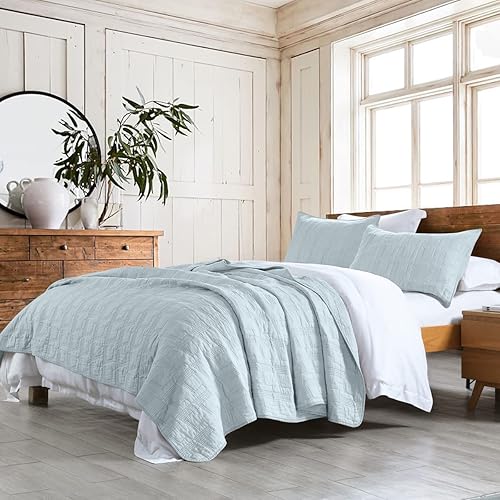 Juego de edredón 100% algodón tamaño Queen, juego de colcha de 3 piezas prelavada, acogedora funda de cama decorativa con costuras ligeras y 2