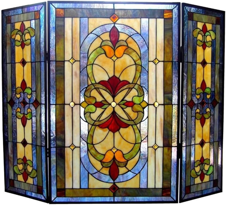 Pemberly Row 3-Panel Victorian Glass Fireplace Screen, 40" Wide, Dark Antique Bronze Finish, Copper Construction, Multi-Colored, Rectangle Design, Decorative Indoor Use