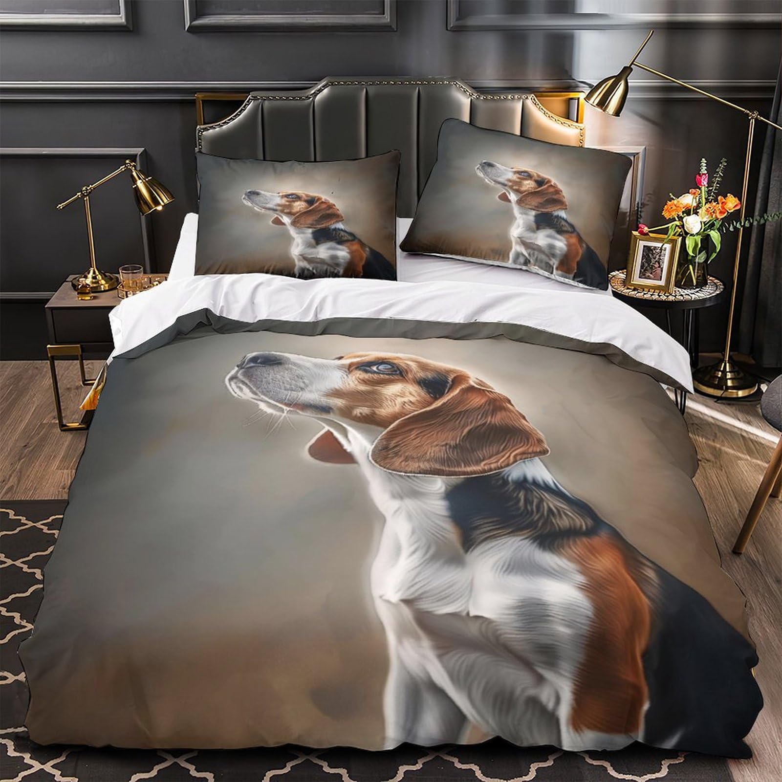 Housse de couette Beagle 3D 200x200cm avec 2 taies d'oreiller pour lit double