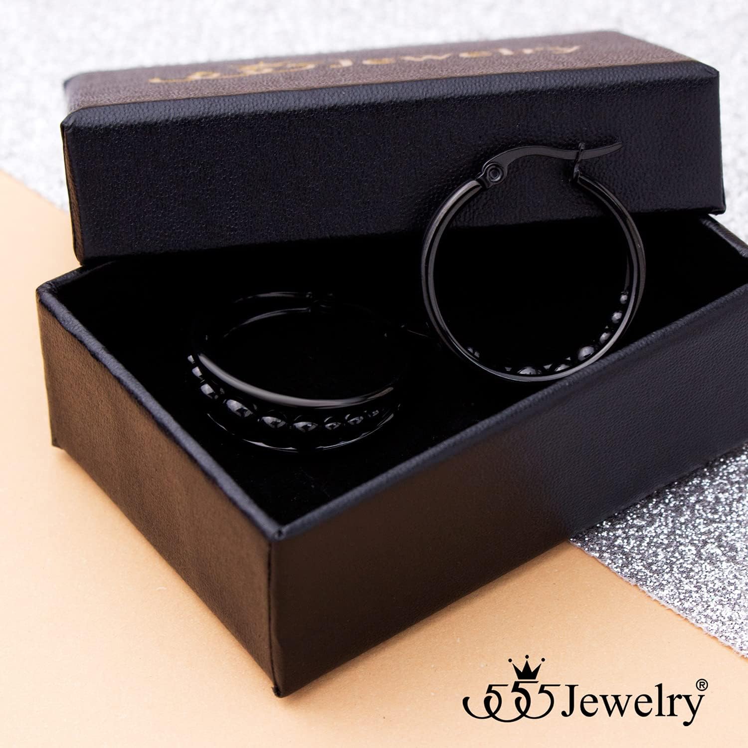 555Jewelry Hypoallergenic Medium Stainless Steel Wide Beaded Hoop Earrings for Women - Image 4