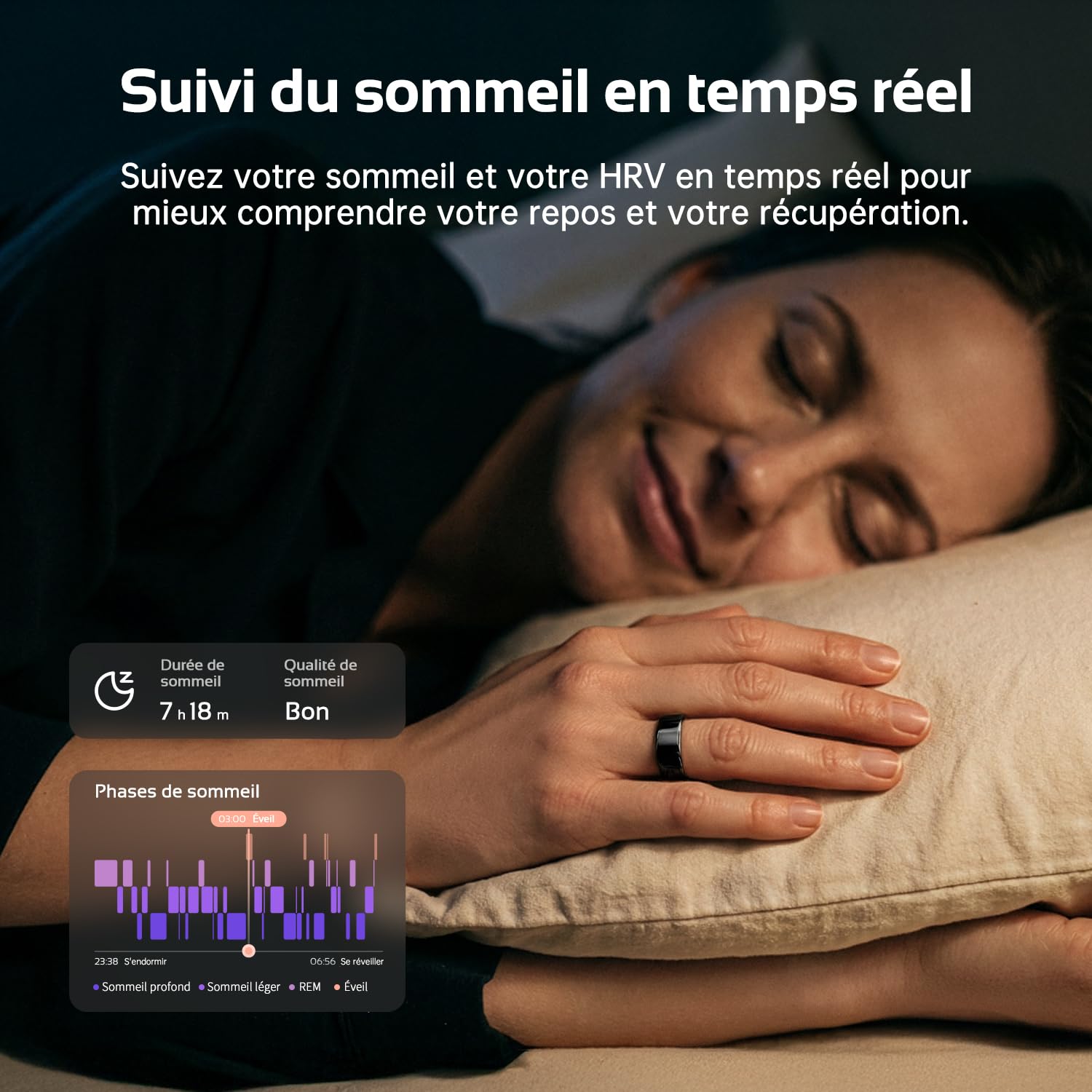 opove Bague Connectée Smart Ring,Tracker Fitness sans Abonnement 8-12 Jours d’autonomie/Suivi Sommeil/Fréquence Cardiaque & Stress/Santé Féminine, iOS & Android,Noir-9