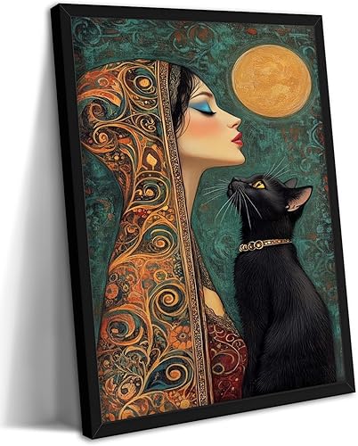 Elegante arte de pared enmarcado con marco de madera bohemio y gato negro, póster colorido de arte místico bohemio para decoración del hogar para