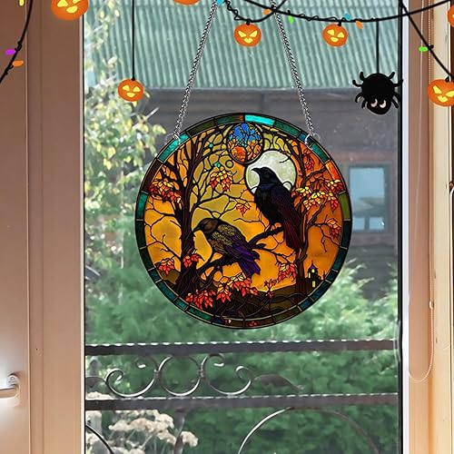 Miniatura 9 de Cuervos de acrílico manchado para colgar en la ventana, decoración de pared de cuervo para los amantes de las aves, decoración de Halloween y otoño