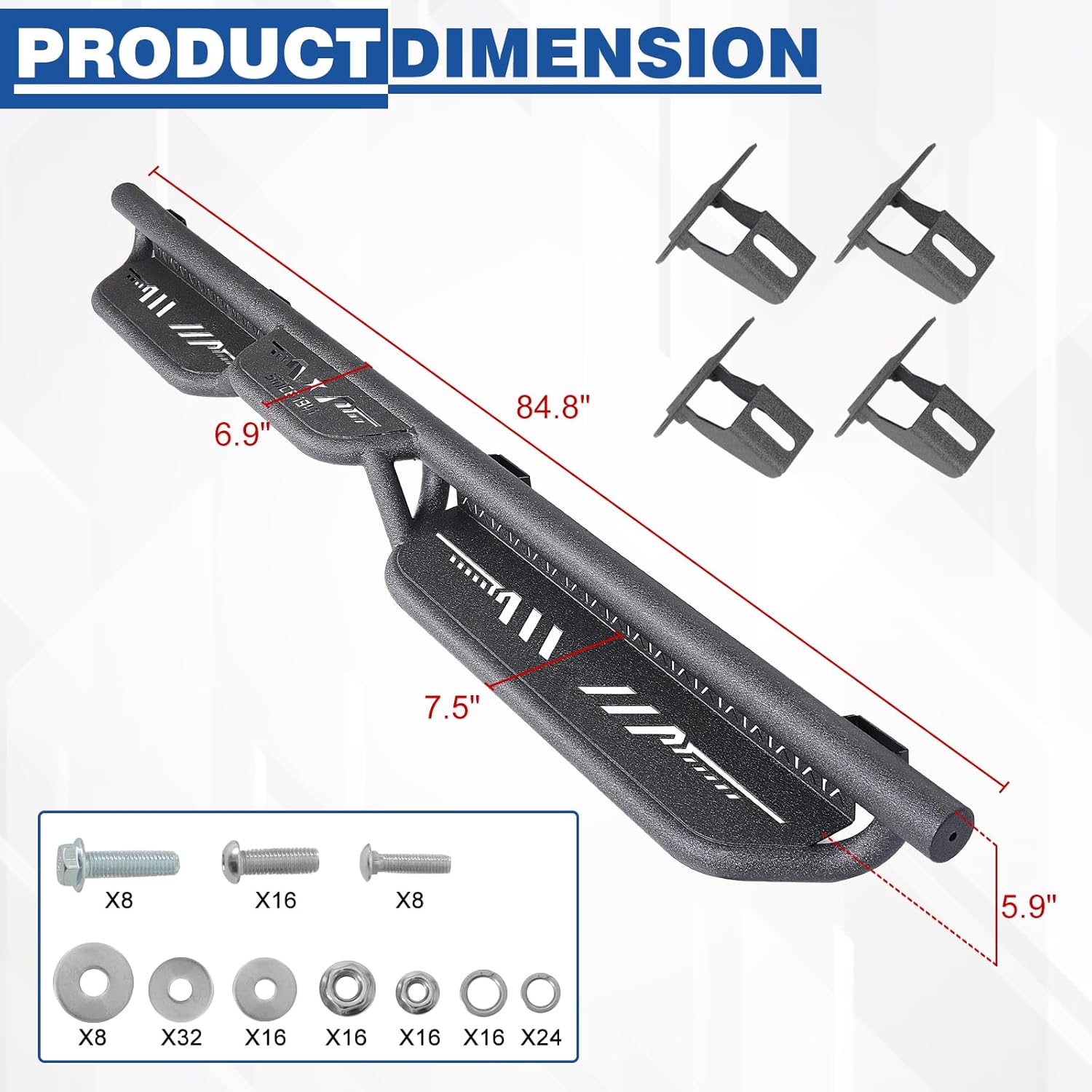 Running Boards for 2020-2025 Jeep Gladiator JT (4-Door), Heavy Duty Two-Stair Layout Nerf Bars, Bolt-On Side Steps Black Powder Coated