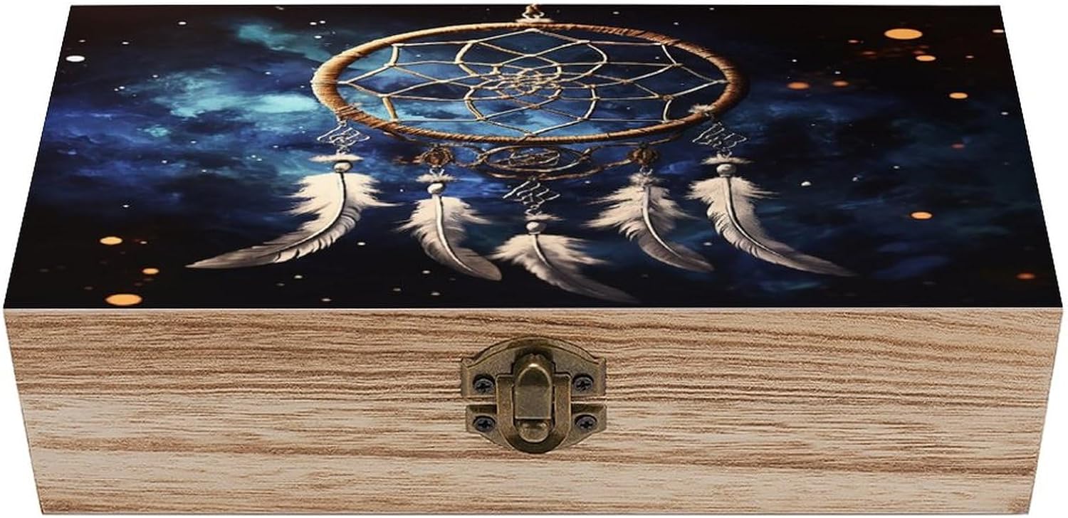 Wooden Storage Box with Front Clasp White Fantasy Dream Catcher Printed Wood Boxes Wooden Box with Lid for Craft Hobbies Jewelry Home Storage