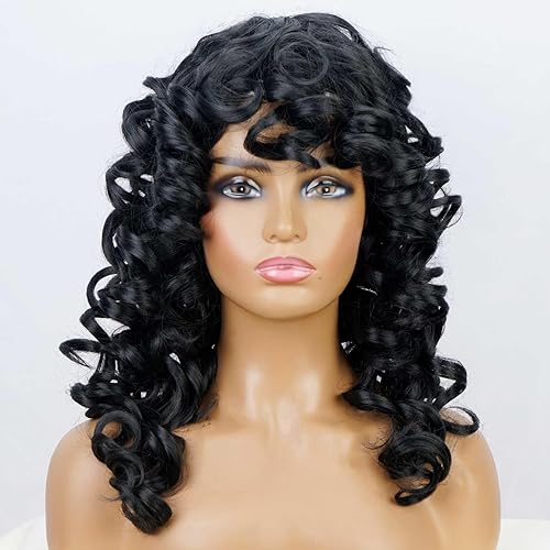 Miniatura 2 de andromeda Pelucas largas y rizadas para mujeres negras, peluca negra suave de 17 pulgadas con flequillo, rizos afro, resistente al calor, aspecto